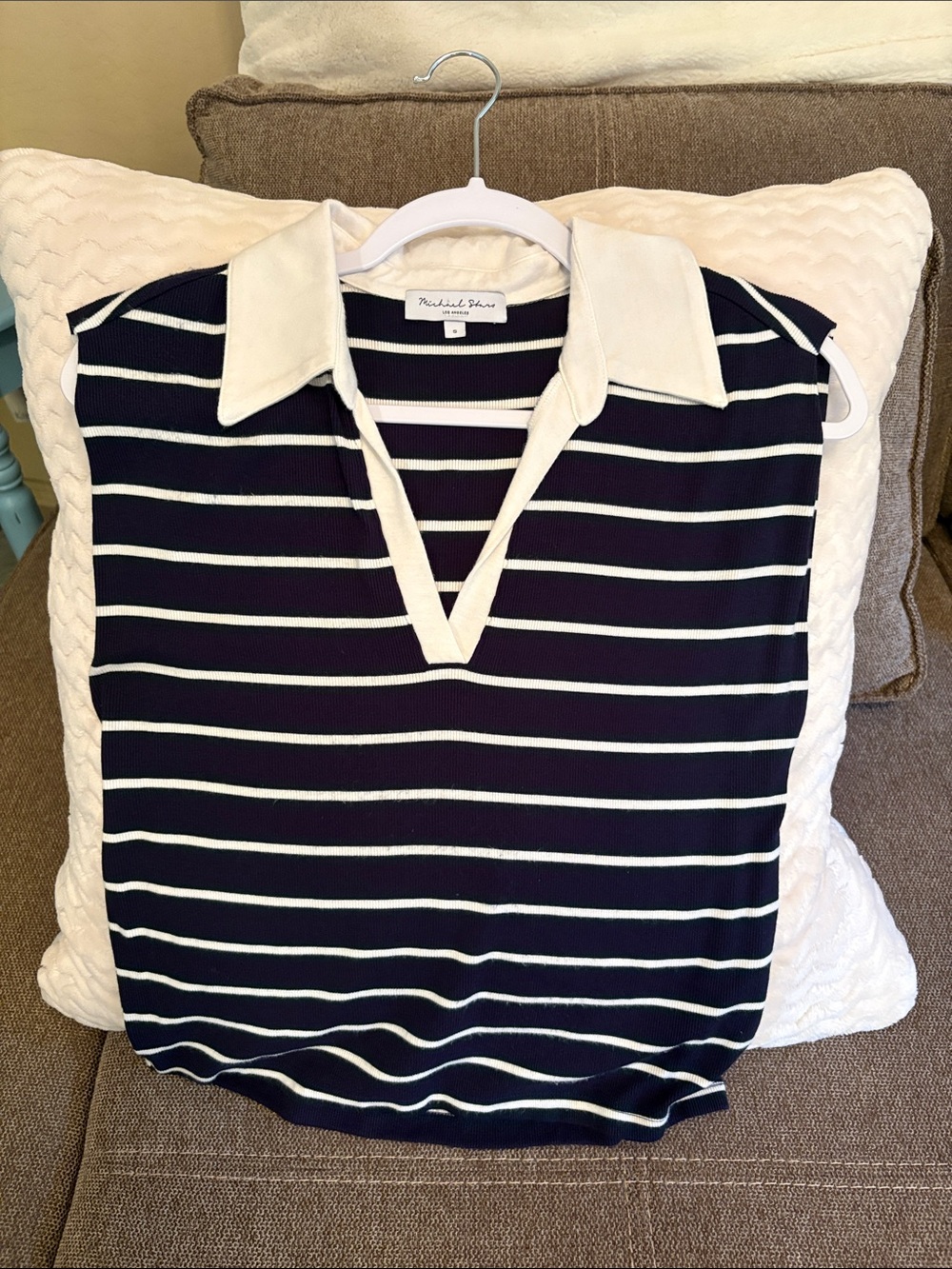 Michael Stars Navy and White Striped Sleeveless Polo Tank